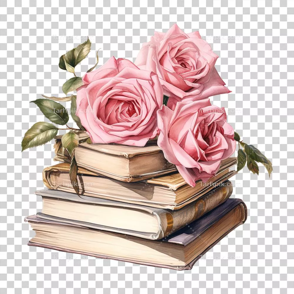 عکس دوربری تصویری زیبا از گل های صورتی بر روی کتاب ها با طراحی هوش مصنوعی
