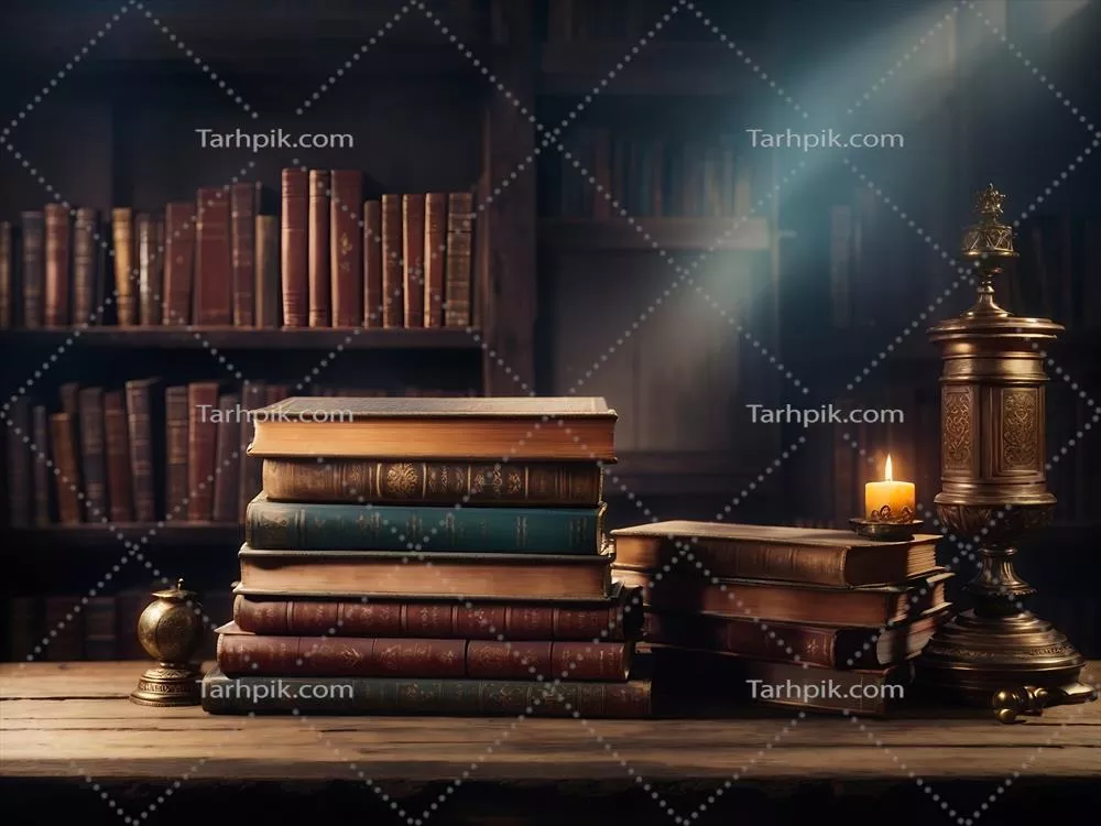 عکس تصویری از کتابخانه قدیمی با کتاب های عتیقه بر روی میز چوبی