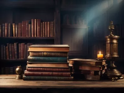 عکس تصویری از کتابخانه قدیمی با کتاب های عتیقه بر روی میز چوبی