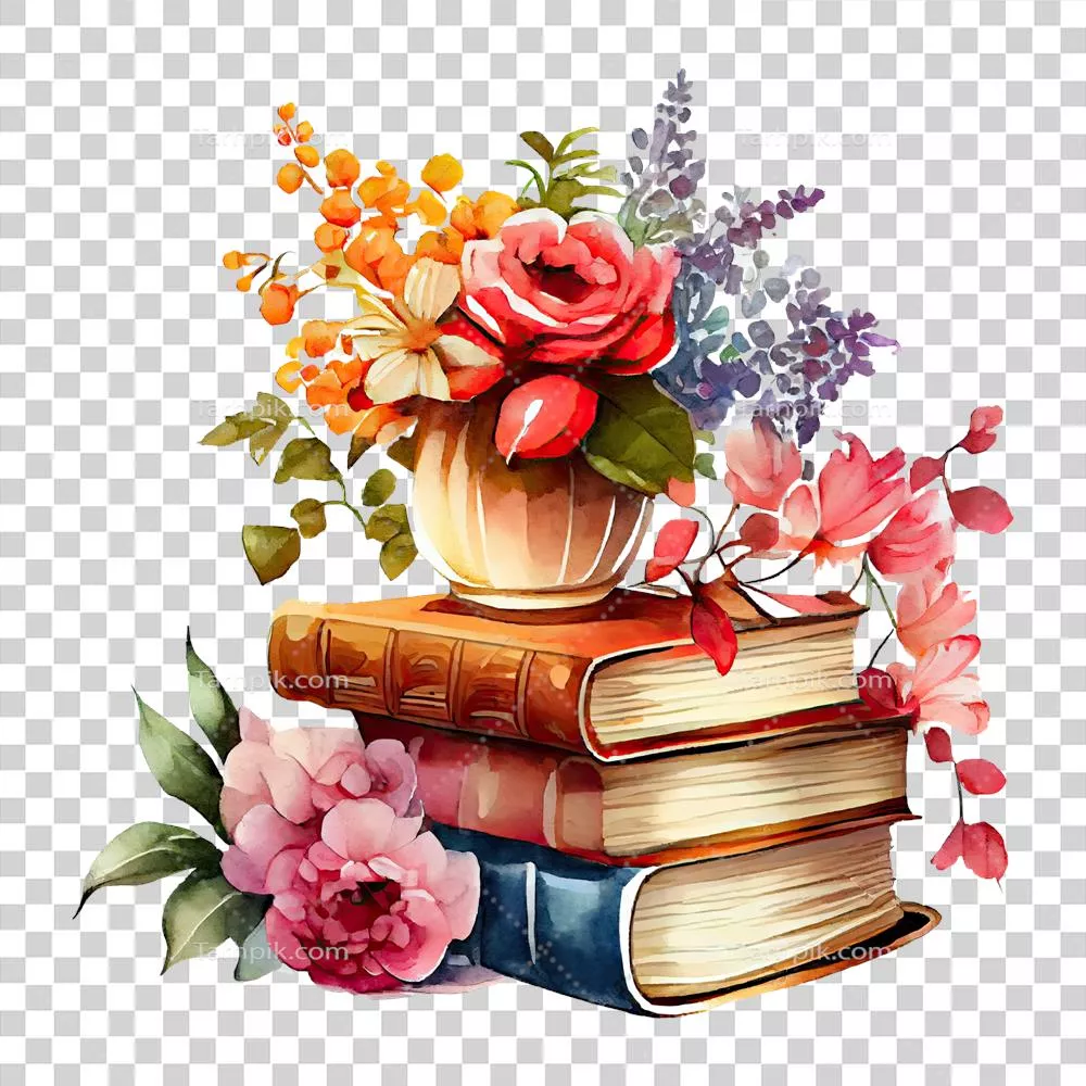 عکس دوربری تصویری زیبا از کتاب های آبرنگی با گلدانی پر از گل در کنار هم