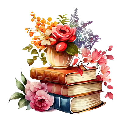 عکس دوربری تصویری زیبا از کتاب های آبرنگی با گلدانی پر از گل در کنار هم