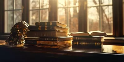 عکس تصویری زیبا از کتاب های انباشته شده بر روی میز چوبی در نور خورشید