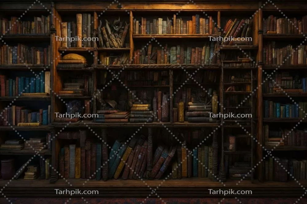 عکس کتابخانه ای زیبا و قدیمی با قفسه های پر از کتاب های ارزشمند
