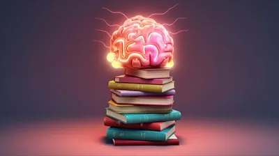 عکس تصویری خلاقانه از مغز و انبوهی از کتاب ها به صورت هنری