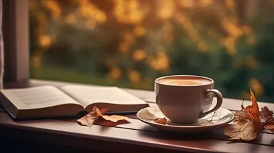 عکس منظره پاییزی با کتابی باز بر روی میز و صبح بخیر در پس زمینه