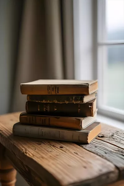 عکس تصویری زیبا از یک دسته کتاب روی میز چوبی با طراحی جذاب