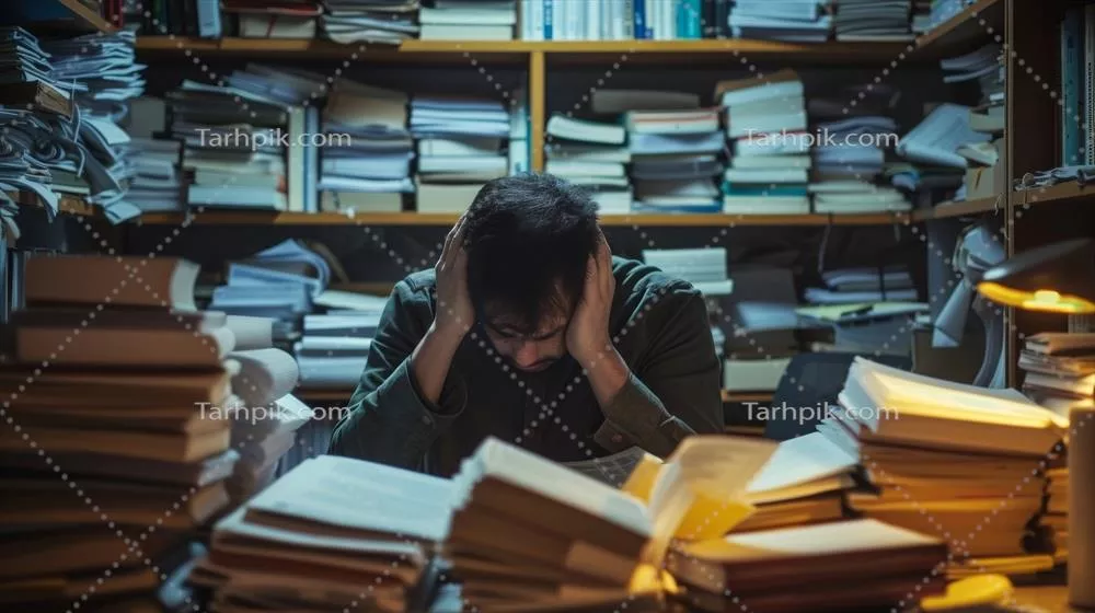 عکس مردی در حال مطالعه مالیات و مدارک قانونی با استرس و نگرانی
