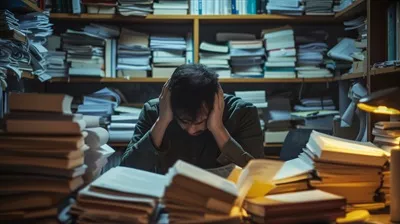 عکس مردی در حال مطالعه مالیات و مدارک قانونی با استرس و نگرانی