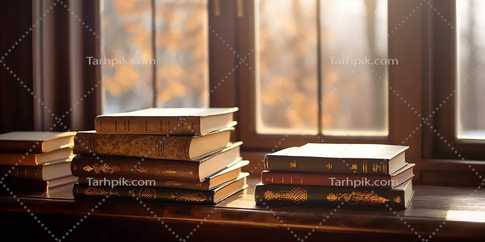 عکس تصویری زیبا از کتاب های انباشته شده بر روی میز چوبی در نور خورشید