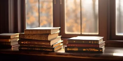 عکس تصویری زیبا از کتاب های انباشته شده بر روی میز چوبی در نور خورشید