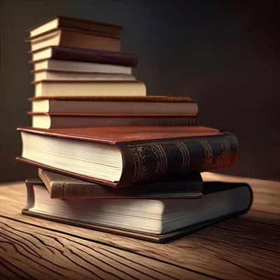 عکس نمای نزدیک از مجموعه کتاب ها بر روی میز چوبی در پس زمینه تاریک