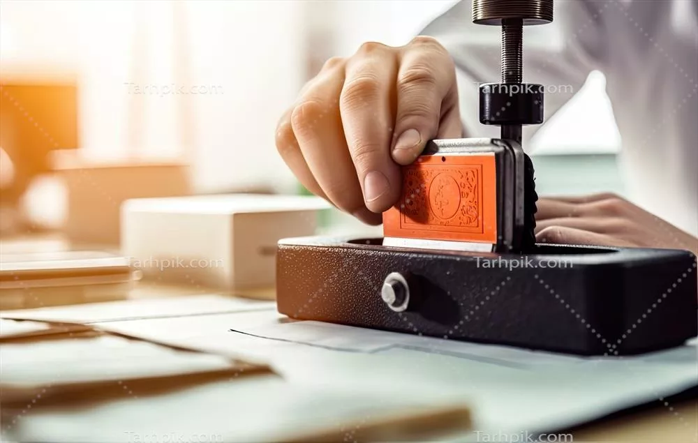 عکس نزدیک نمایی از دست یک زن سردفتر در حال مهر زدن به سند رسمی