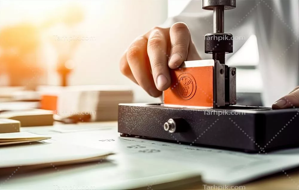 عکس نزدیک نمایی از دست یک زن سردفتر در حال مهر زدن به سند رسمی