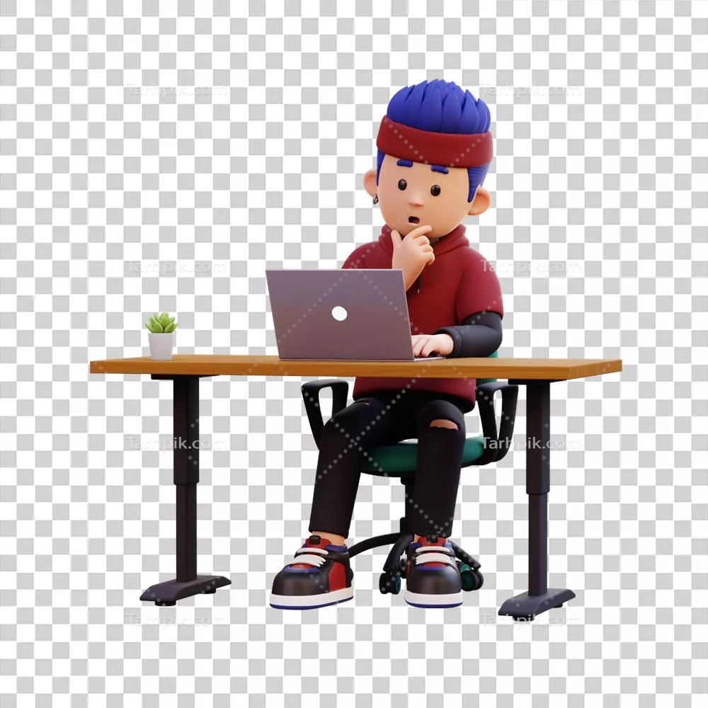 عکس دوربری شخصیت مرد سه بعدی در حال تفکر و کار با لپ تاپ