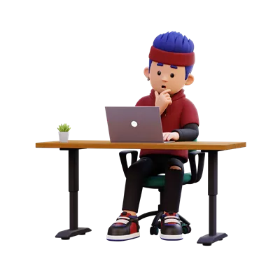 عکس دوربری شخصیت مرد سه بعدی در حال تفکر و کار با لپ تاپ