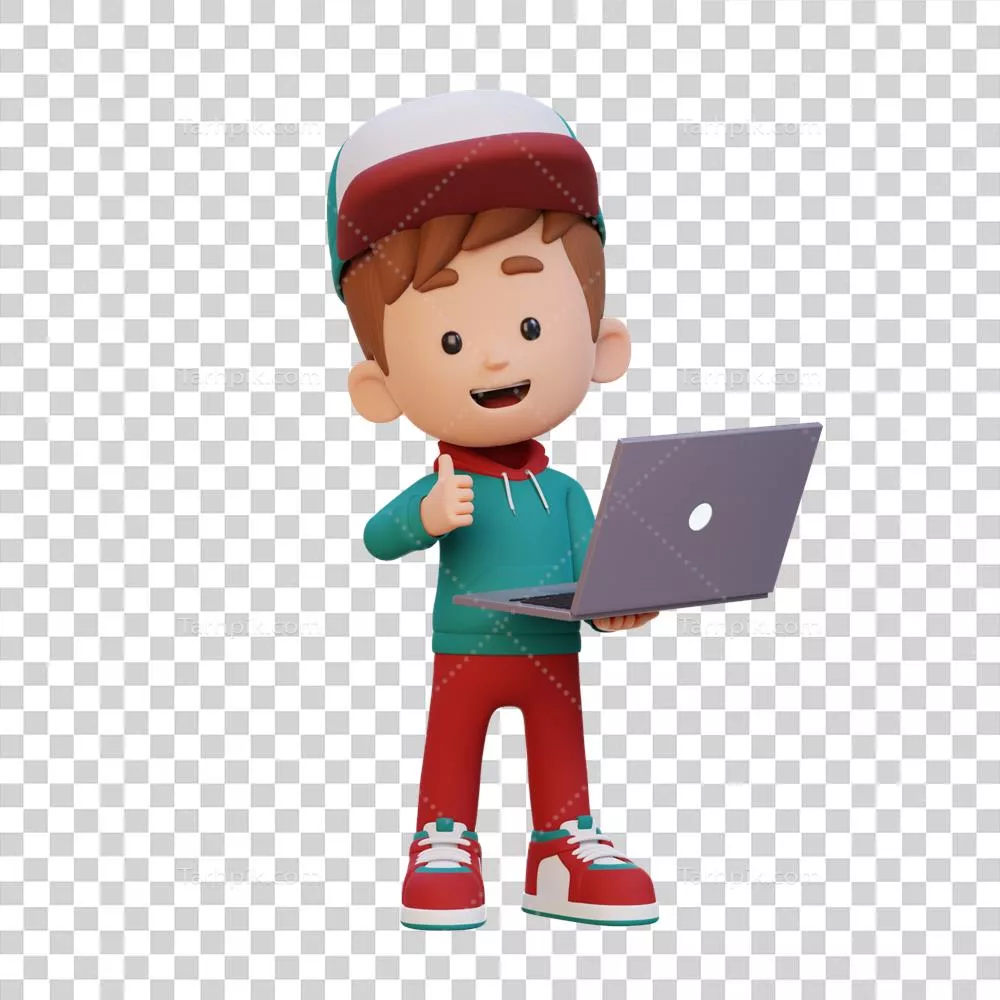 عکس دوربری شخصیت کودک سه بعدی با لبخند و لپ تاپ در دست، نشان دهنده شادی و موفقیت