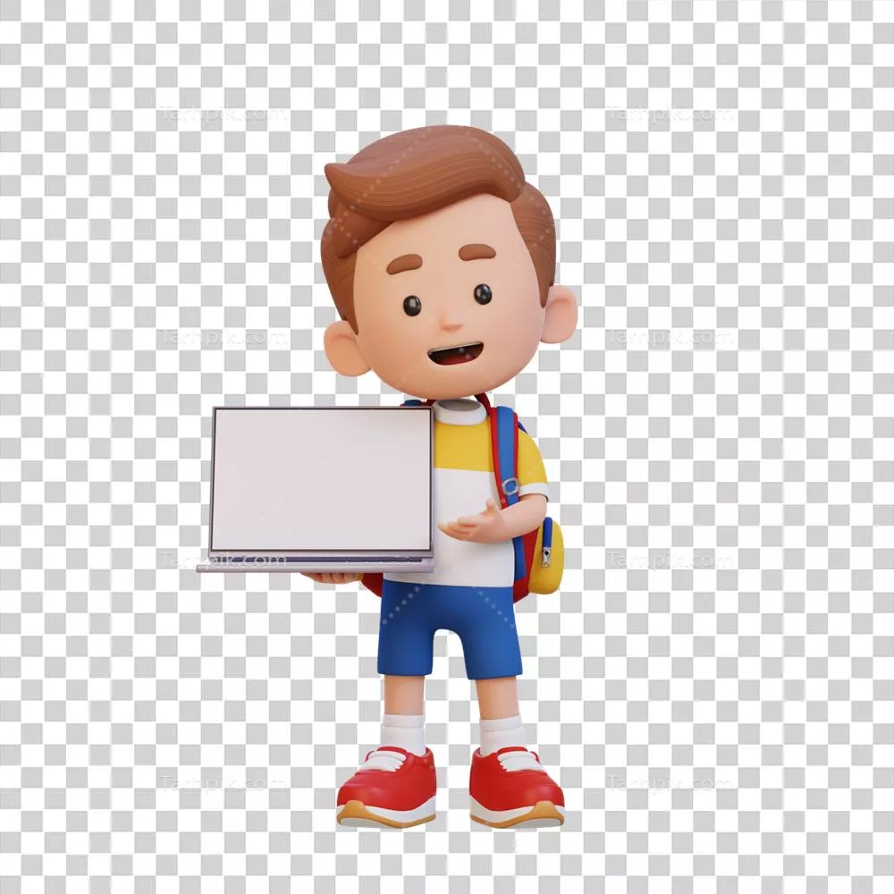 عکس دوربری شخصیت کودک سه بعدی در حال ارائه لپ تاپ با صفحه خالی