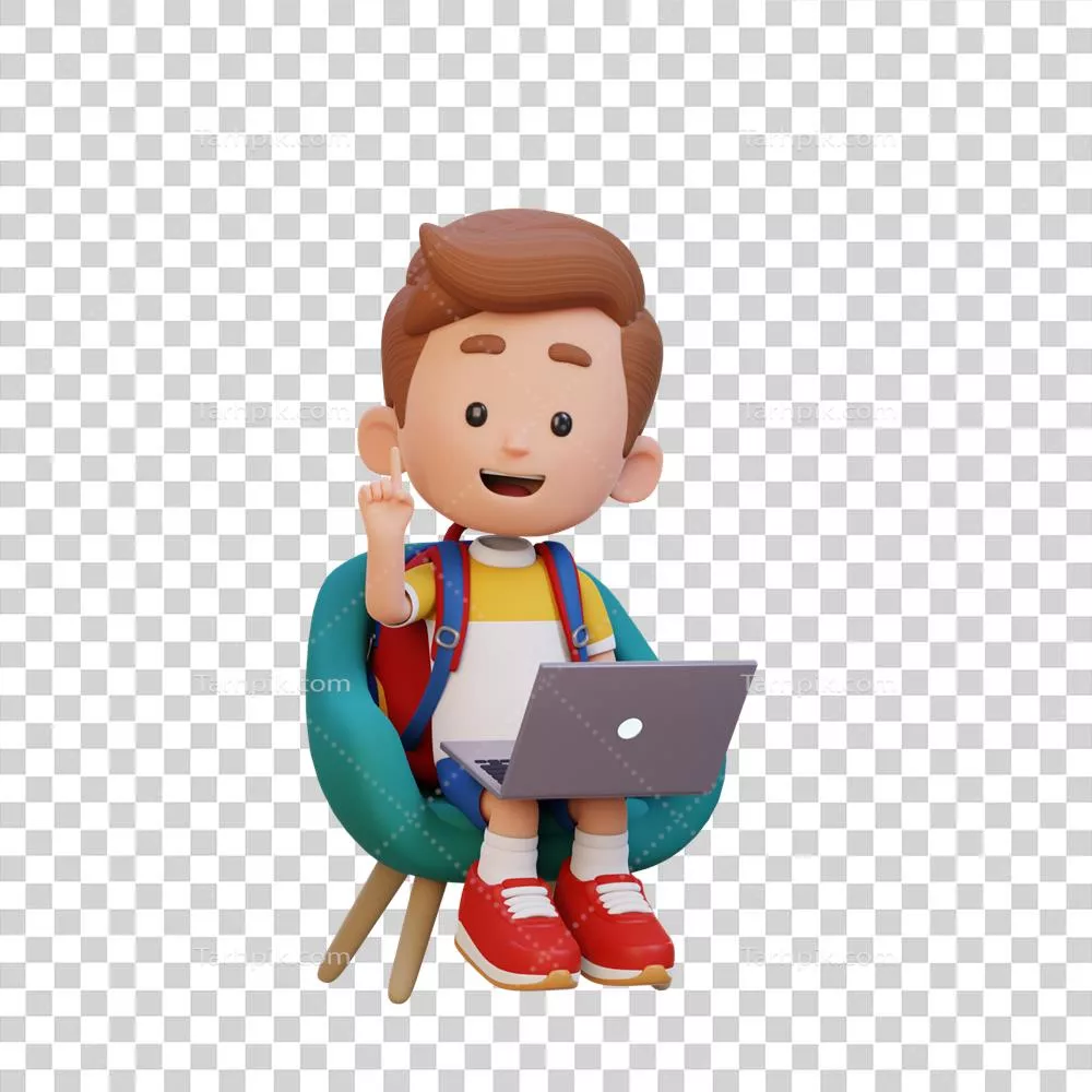 عکس دوربری شخصیت سه بعدی کودک در حال کار با لپ تاپ به صورت گرافیکی