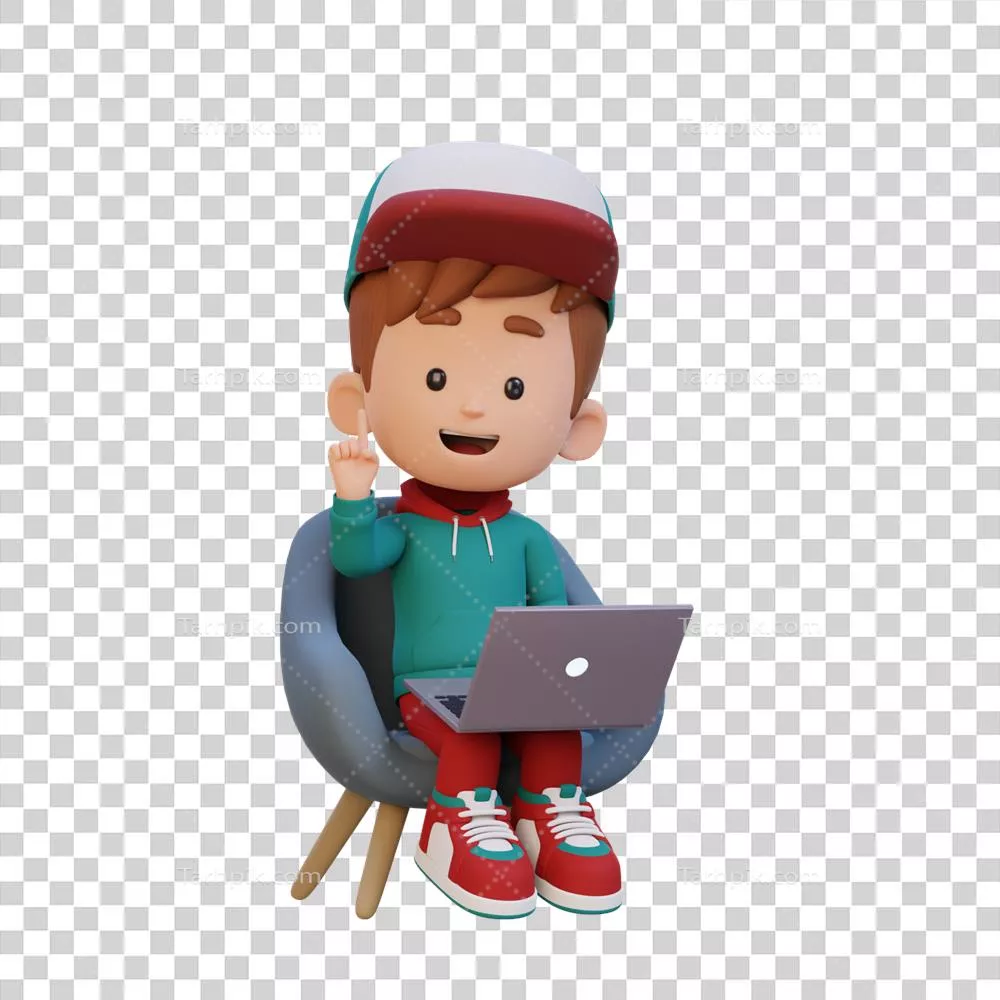 عکس دوربری شخصیت کودک سه بعدی در حال کار با لپ تاپ به صورت گرافیکی