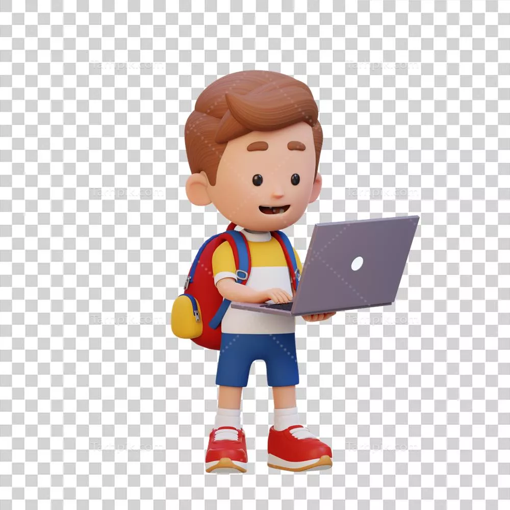 عکس دوربری شخصیت کودک سه بعدی در حال کار با لپ تاپ به صورت گرافیکی