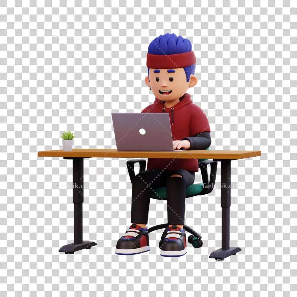 عکس دوربری شخصیت سه بعدی مرد در حال کار با لپ تاپ و انجام وظایف روزمره