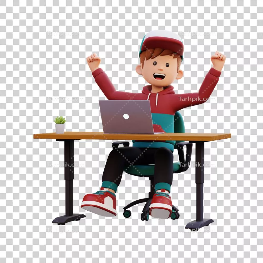 عکس دوربری شخصیت سه بعدی مرد خوشحال در حال کار با لپ تاپ
