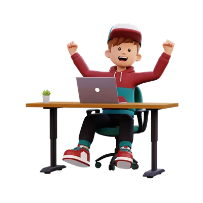 عکس دوربری شخصیت سه بعدی مرد خوشحال در حال کار با لپ تاپ