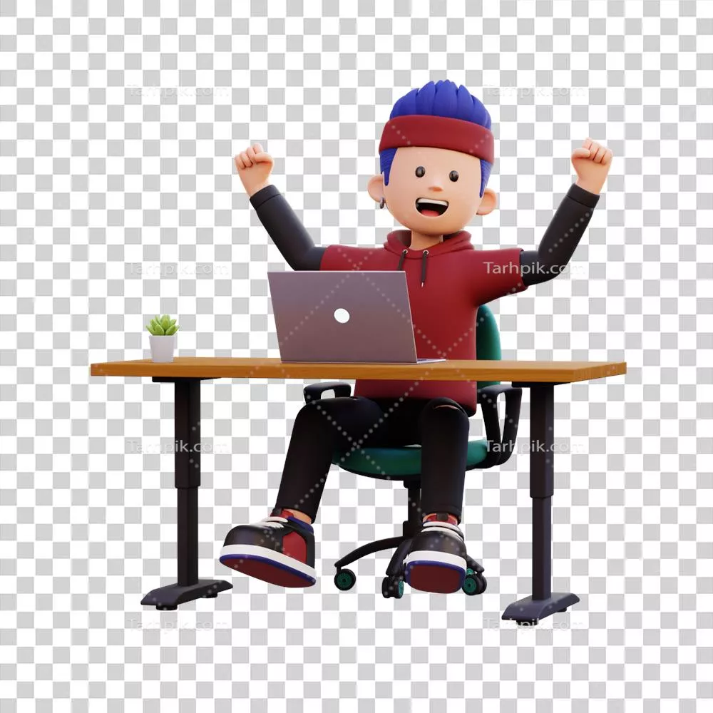 عکس دوربری شخصیت سه بعدی مرد خوشحال در حال کار با لپ تاپ