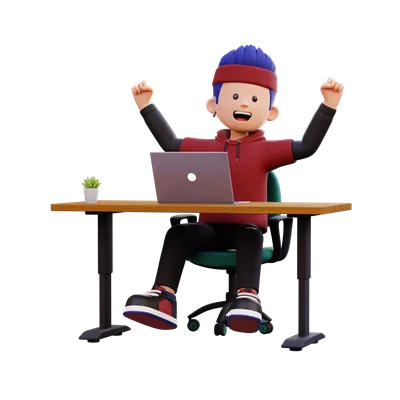 عکس دوربری شخصیت سه بعدی مرد خوشحال در حال کار با لپ تاپ