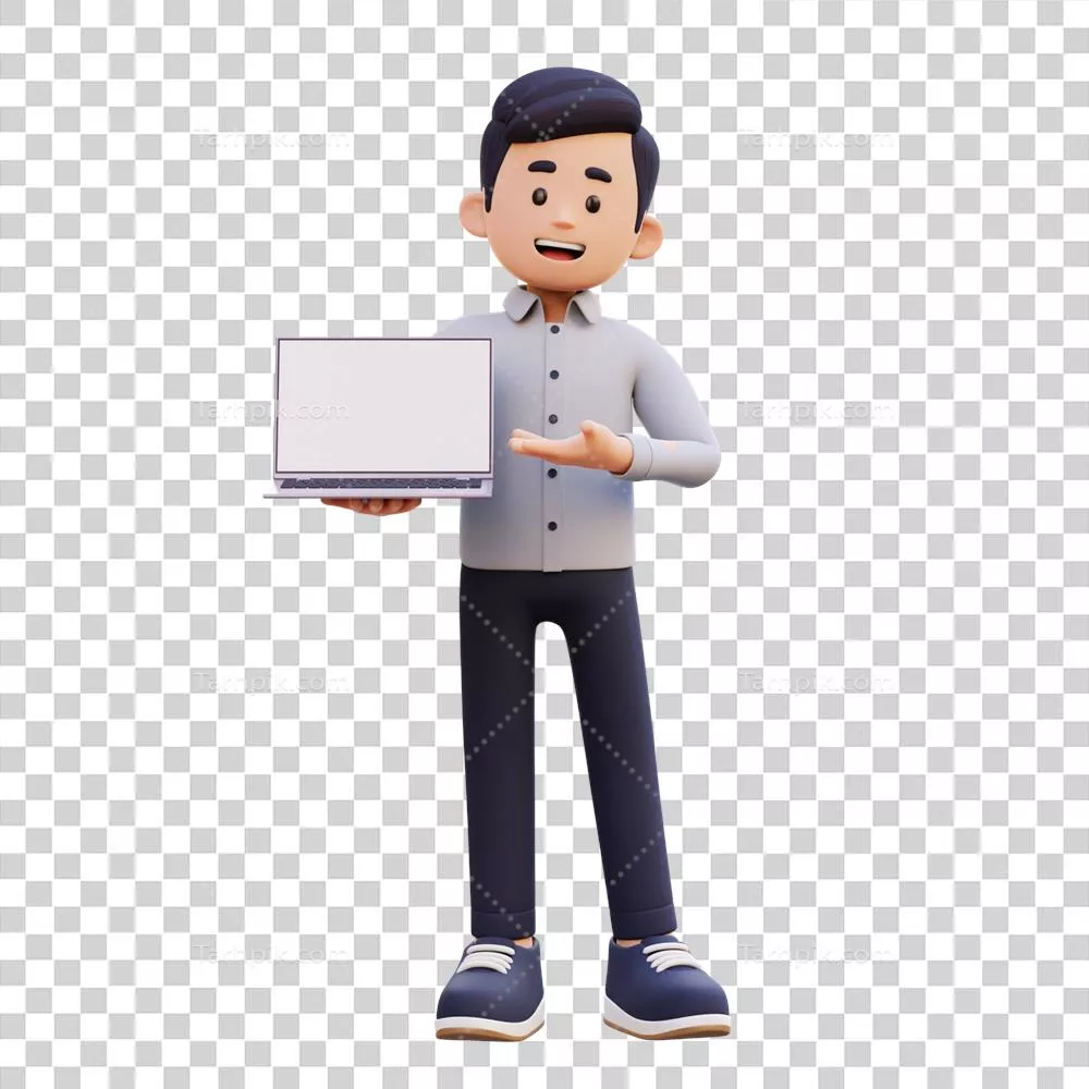 عکس دوربری شخصیت سه بعدی مردی که لپ تاپ خالی را در دست دارد و به نمایش می گذارد