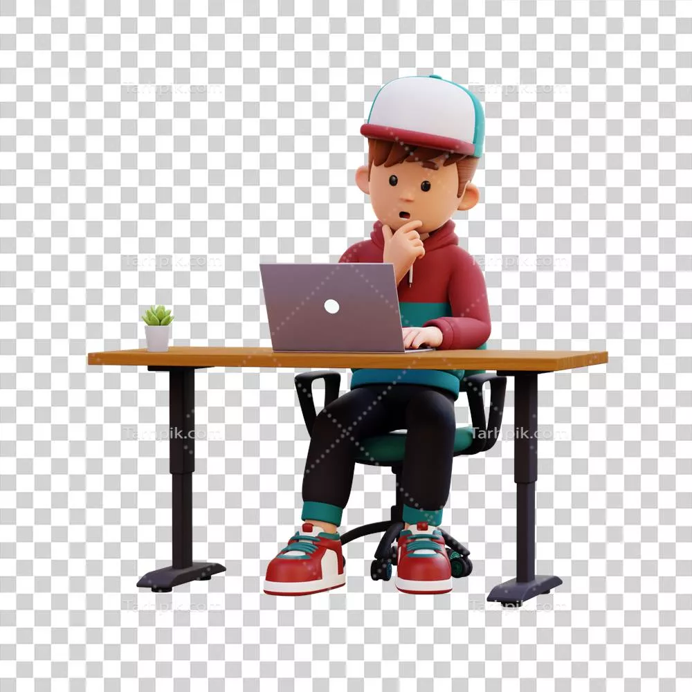 عکس دوربری شخصیت مرد سه بعدی در حال تفکر و کار با لپ تاپ