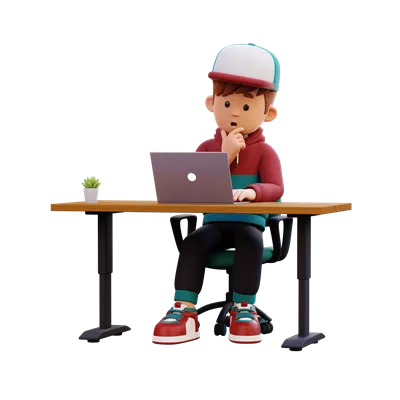 عکس دوربری شخصیت مرد سه بعدی در حال تفکر و کار با لپ تاپ