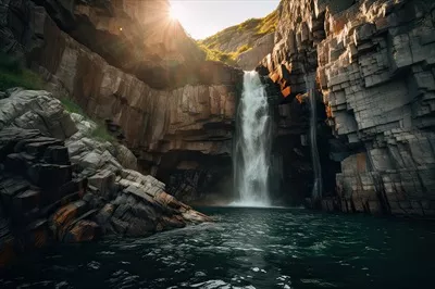عکس منظره ای شگفت انگیز از آبشار با آسمان رنگارنگ در غروب آفتاب