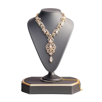 عکس دوربری گردنبند الماس زیبا و شیک بر روی پایه نمایش جواهرات طلایی و سفید