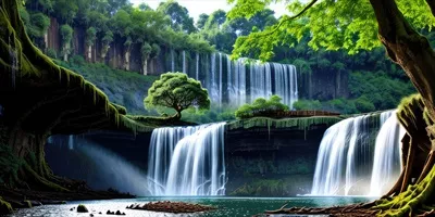 عکس منظره ای زیبا از درخت بزرگ و آبشار برای پس زمینه طراحی شده با هوش مصنوعی
