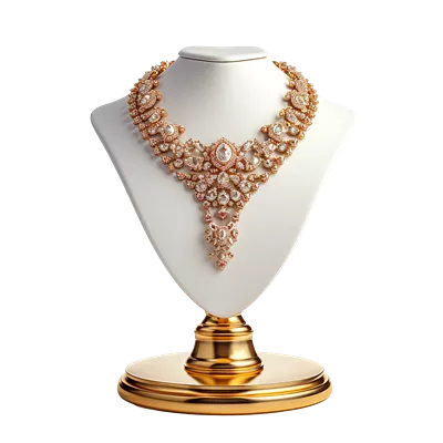 عکس دوربری گردنبند الماس لوکس بر روی پایه طلایی، طراحی زیبا و شیک جواهرات