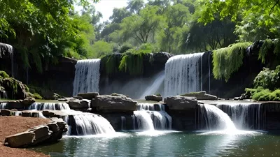 عکس منظره ای زیبا از آبشار در پارک با درختان سرسبز در بهار و تابستان