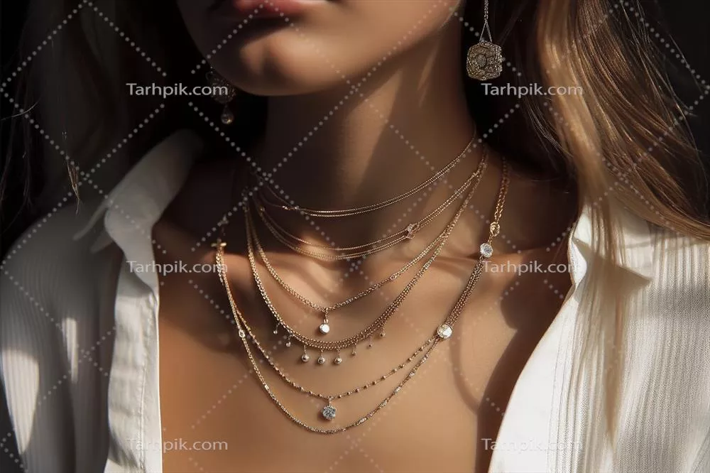عکس تصویری زیبا از گردنبند طلایی با زنجیر و مروارید بر روی پس زمینه مشکی