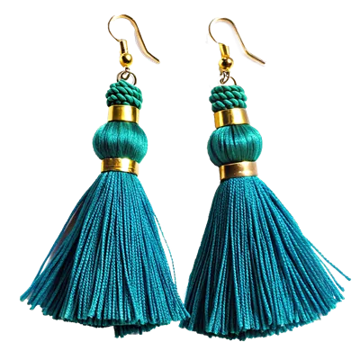 عکس دوربری گوشواره های ابریشمی آبی تیره با تزیینات طلایی به سبک بوهمی
