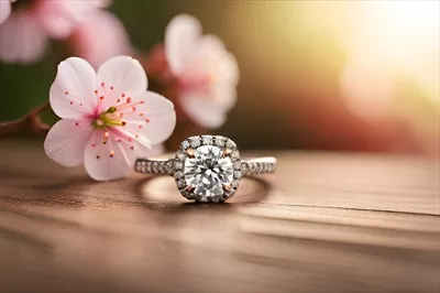 عکس انگشتر الماس با طرح شکوفه های گیلاس بر روی میز چوبی