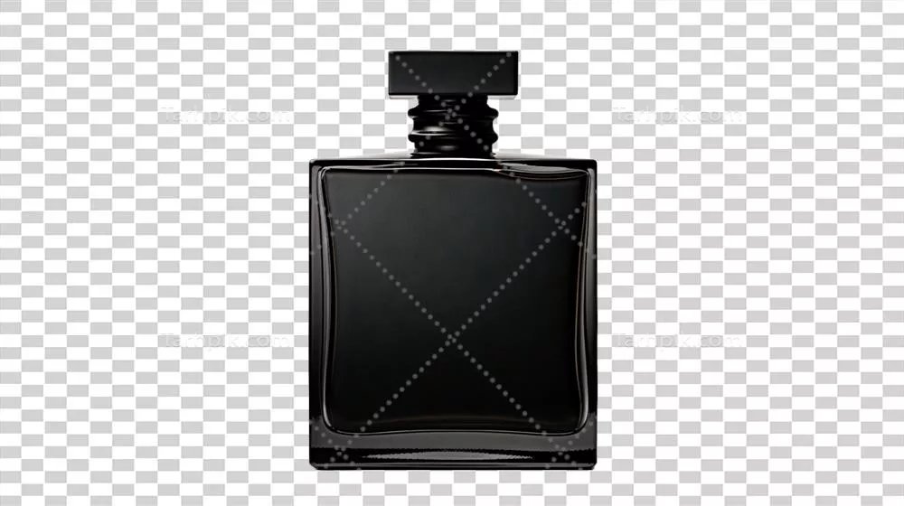 عکس دوربری عطر مشکی شیک و مدرن در پس زمینه ای شفاف و زیبا
