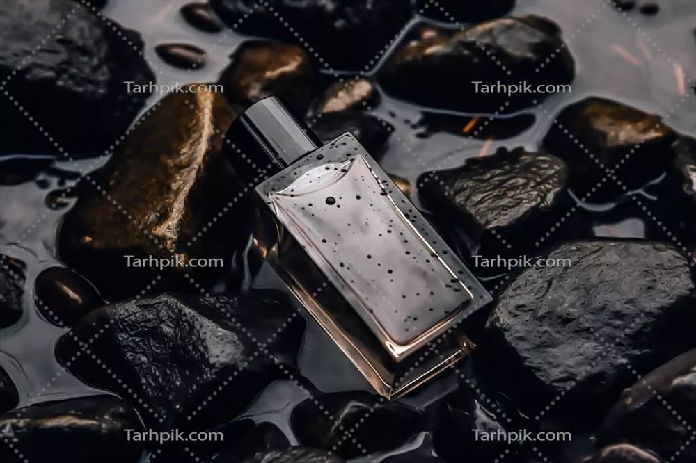 عکس بطری عطر شیک و مدرن با طراحی شیشه ای در میان سنگ های سیاه در باران