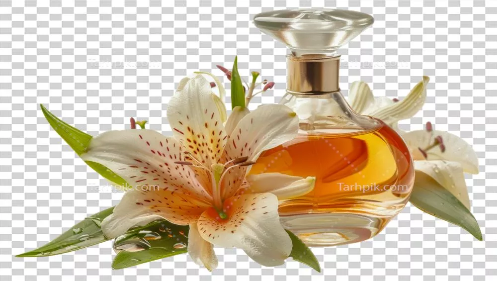 عکس دوربری عطر زیبا بر روی دسته ای از گل ها قرار گرفته است