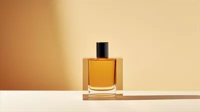 عکس عطر زیبا و شیک در حال استراحت بر روی میز چوبی