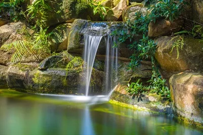 عکس باغ ژاپنی با آبشارهای زیبا و استخر کای در فضایی آرامش بخش