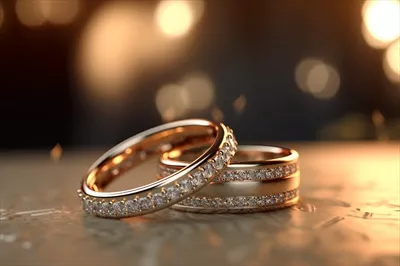 عکس دو حلقه ازدواج در نور گرم آفتاب: نماد عشق ابدی و پیوندی عمیق