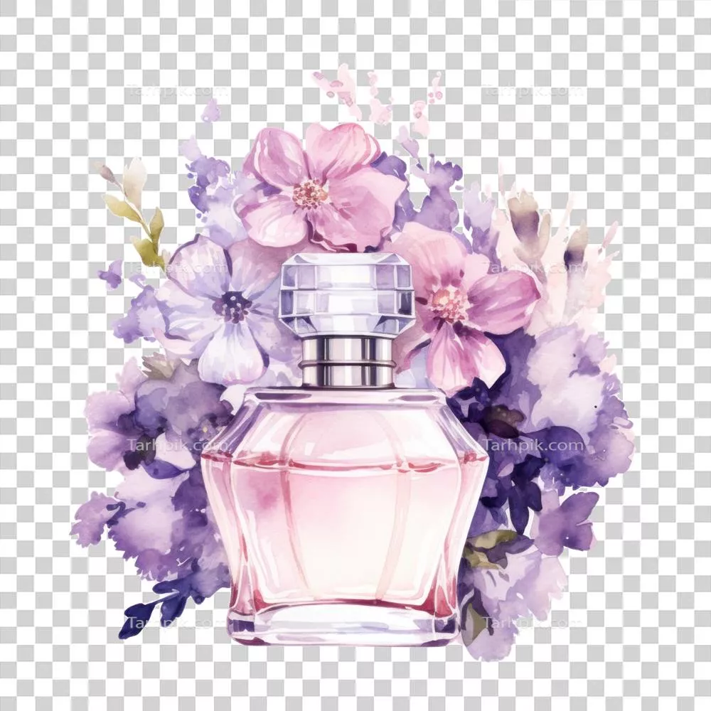 عکس دوربری تصویری زیبا از عطر با طراحی آبرنگ و گل های رنگارنگ