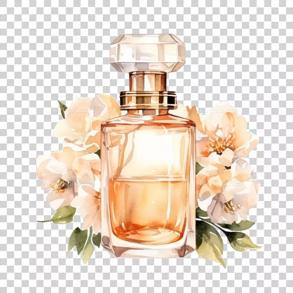 عکس دوربری تصویری زیبا از عطر با طراحی آبرنگ و گل های رنگارنگ