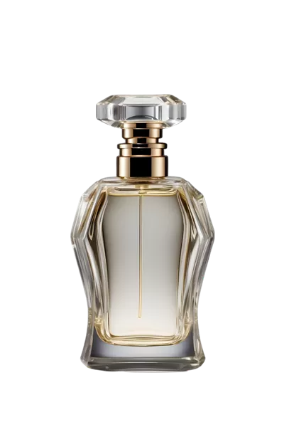عکس دوربری بطری عطر زیبا با گل های سفید بر روی پس زمینه شفاف