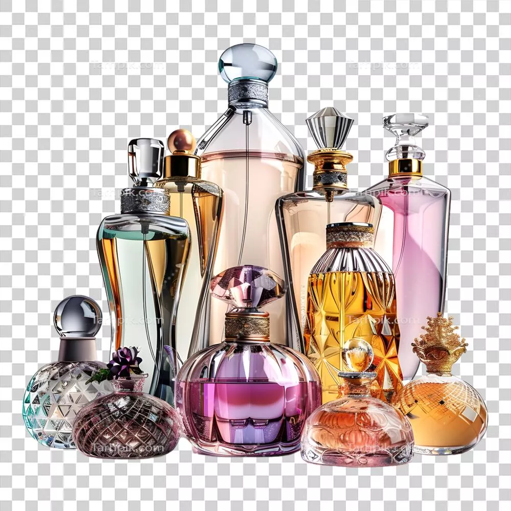 عکس دوربری مدل سه بعدی شیشه عطر با طراحی زیبا بر روی پس زمینه شفاف